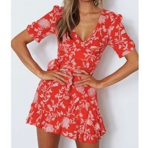 White Fox Serena Mini Wrap Dress Red Print